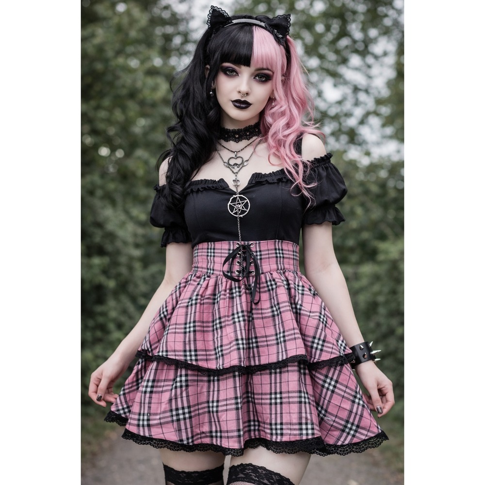 Hot Topic Pink plaid Corseted Tiered Skirt Black lace  Cute Goth Large